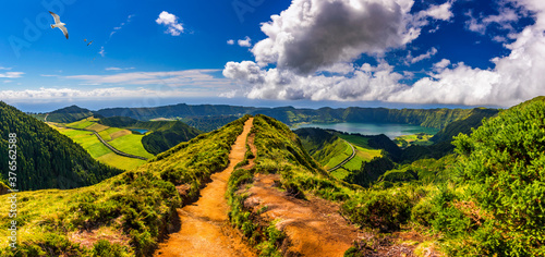 View of Sete Cidades near Miradouro da Grota do Inferno viewpoint, Sao Miguel Island, Azores, Portugal. Grota do Inferno viewpoint at Sete Cidades on Sao Miguel Island, Azores, Portugal.