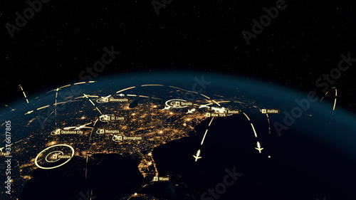 Flight Paths Over North America. North American Air Routes. Flight Connections. Global Communications - Destinations all over the World. Airport International Connectivity. City Lights. 3D Rendering.