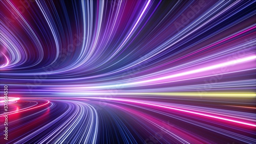 3d render, abstract neon background, space tunnel turning to left, ultra violet rays, glowing lines, virtual reality jump, speed of light, space and time strings, highway night lights