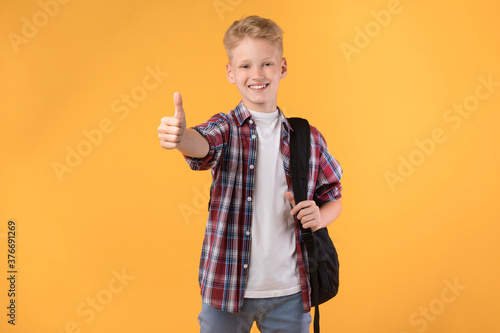 Smiling teen boy showing thumb up at studio