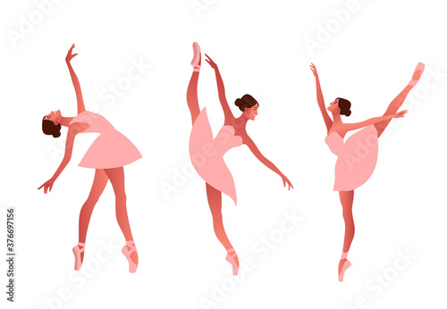Ballerina and modern dancer flat vector set illustration. Beauty of classic ballet. Young graceful woman ballet dancer wearing tutu. Pointe shoes, pastel colours