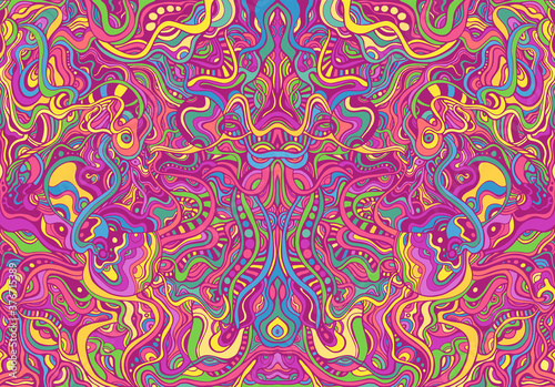 Symmetrycal motley hippie trippy psychedelic abstract pattern with many intricate wavy ornaments, bright neon multicolor color texture.