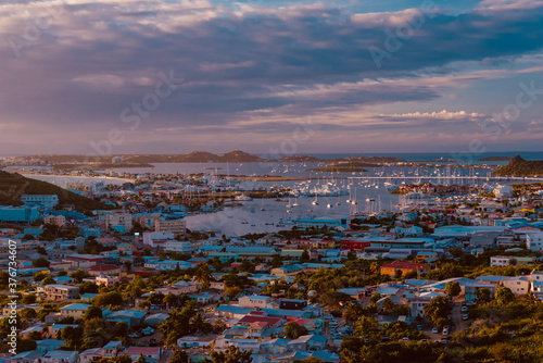 sint Maarten, Caribbean - January 20 2020: Aerial view of the Caribbean island of Sint Marteen at Sunset