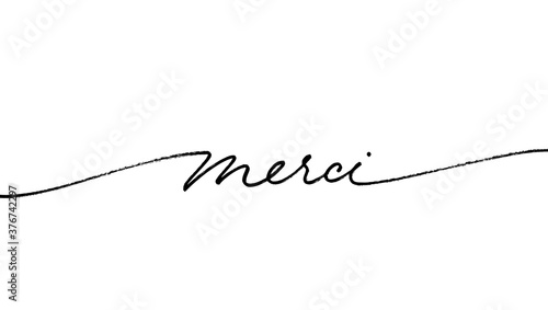 Thank you in French, ink brush style vector lettering. Merci phrase handwritten vector calligraphy with swooshes. Modern brush lettering isolated on white background. Postcard, greeting card, t shirt