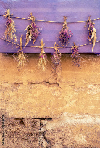 bouquets of dried flowers and spikes on a purple background hanging from a rope upside down over an old wall
