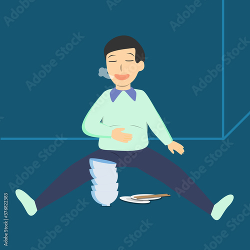 A man sitting on the floor feeling full and belching after finished eating a lot of food vector