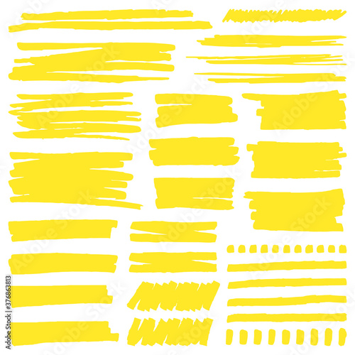 Yellow marker stroke. Highlight marker stroke lines, bright permanent marker sketch, doodle highlight marker lines vector illustration signs set. Scratch bright brushes, dotted line