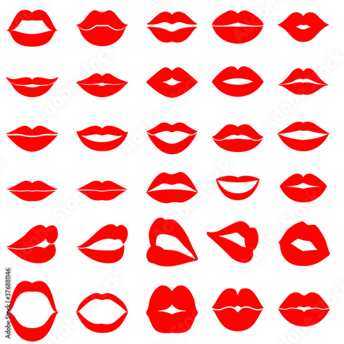 Woman's lip gestures icon vector set. Girl mouths close up expressing different emotions illustration sign collection. Kiss symbol. 