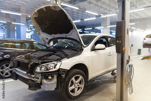 Car garage, service and accident vehicle detail. 