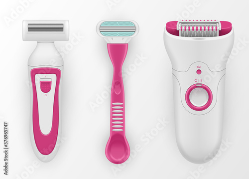 Razors, epilator for women realistic set. Shaving personal hygiene female accessories.