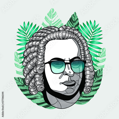 Hipster classical portrait of composer and musician with glasses. Summer style - palm leaf. T-Shirt Design & Printing, clothes, beachwear. Vector illustration hand drawn. Johann Sebastian Bach