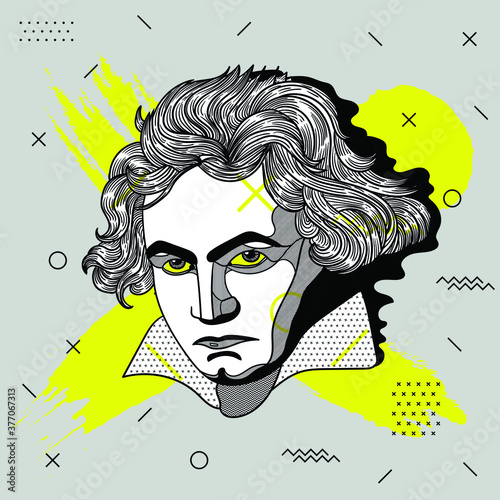 Ludwig van Beethoven. Vector illustration hand drawn. Creative geometric yellow style.