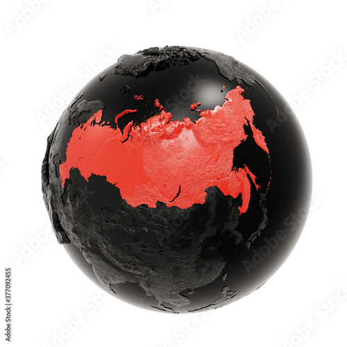 Black Embossed Earth Globe with Eurasia. Russia is Highlighted in Red. 3d Render Isolated on White.