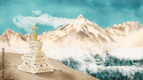Watercolor Illustration of Meili Snow Mountain Kawagebo Peak among the clouds. The foreground is a stupa. A sacred religious landscape background. 