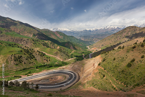 Winding roads and mountains between Tashkent and Fergana Valley in Uzbekistan