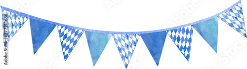 Watercolor bavarian traditional flag illustration. Hand drawn white and blue triangular garland elements isolated on white background. 