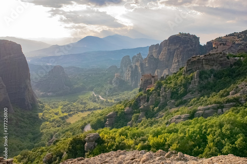 Incredible panorama of the Meteora rocks with Monastery on the rocks