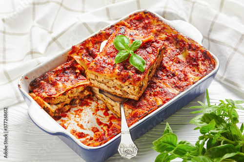Meatless low-fat lasagna with tofu and fresh herbs