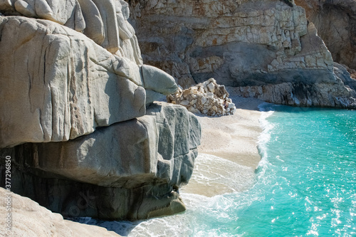 Beautiful shore of magical blue water on the Aegean Sea beach of Ikaria