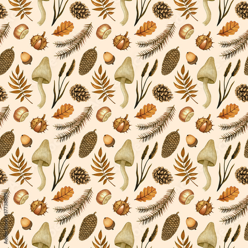 Seamless pattern with watercolor forest poisonous mushroom, fungus, pine cones, leaves, chestnut, acorn. Hand drawn background for Halloween design, autumn print, wrapping paper, textile, scrapbooking