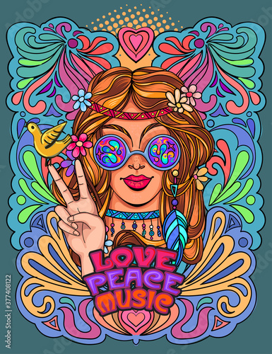 hippie girl in psychedelic glasses and ethnic jewelry shows victory sign and peace and love. Vector colorful background in pop art retro comic style. Symbol pacificism and freedom