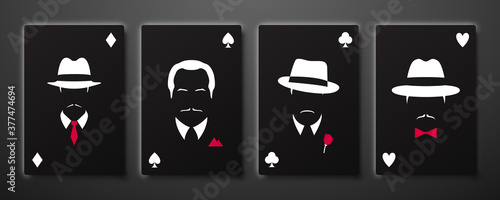 Four aces with mafia men silhouettes. Playing card set. Stock vector illustration.