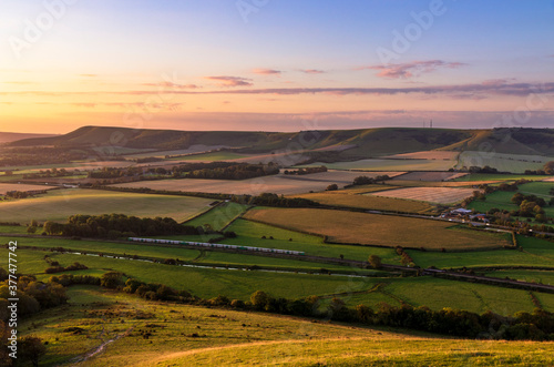 Sunrise from the top of mount Caburn on the Lewes Downs, east Sussex south east England