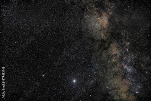 Saturn, Pluto and Jupiter close to one of the most beautiful parts of the Milky Way. To their right, starting from the top one can also see the M16 Eagle Nebula, M17 Omega Nebula, Sagittarius Star Clo