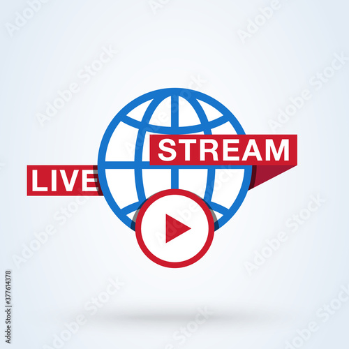 Globe Live News Play line sign icon or logo. Live stream concept. World and global live, linear design vector illustration.