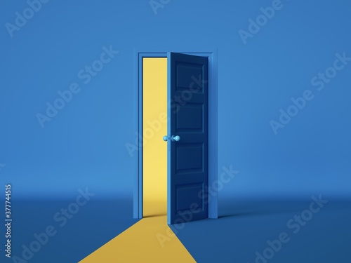 3d render, yellow light going through the open door isolated on blue background. Architectural design element. Modern minimal concept. Opportunity metaphor.