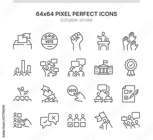 Simple Set of Icons Related to Elections. Contains such icons as Demonstration, Public Speech, Voting and more. Lined Style. 64x64 Pixel Perfect. Editable Stroke.