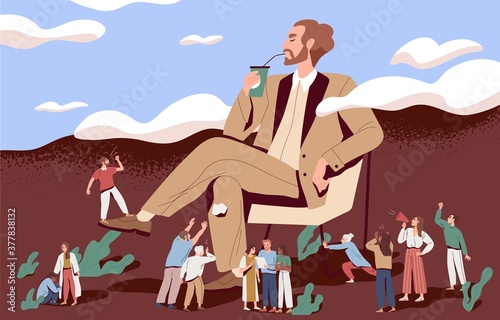 Concept of arrogance or bossy manager who doesnt listen to subordinates opinion. People shout out for haughty boss who sit in chair. Flat vector cartoon illustration of selfish management