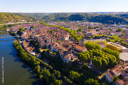 Scenic top view of the city Cahors and Lot river. Southern France