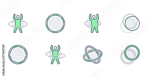 Hula hoop line icons. Vector illustration included icon as happy child with hulahoop, fat man exercise outline pictogram for gym. Green color, Editable Stroke