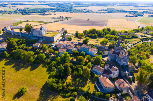 Top view of medieval Villebois-Lavalette castle. Charente department. France