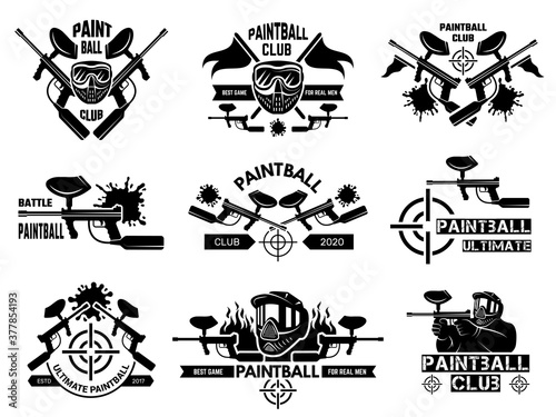 Paintball badges. Sport shields with gun paint shooter with weapons and target vector template. Illustration paintball sport logo, badge and emblem