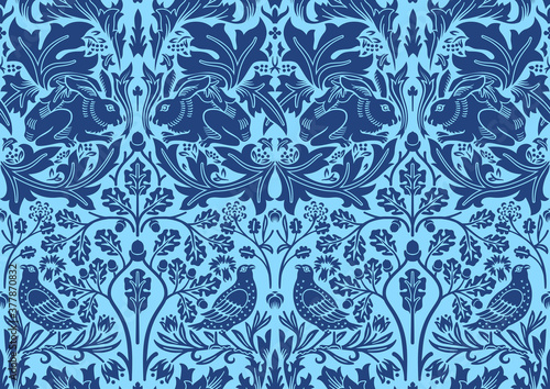 Blue hand drawn seamless pattern ornament with rabbit, bird and plants. Vector illustration.