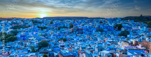 The famous blue city, Aerial view of Jodhpur city, Rajasthan, India, view from Mehrangarh fort.