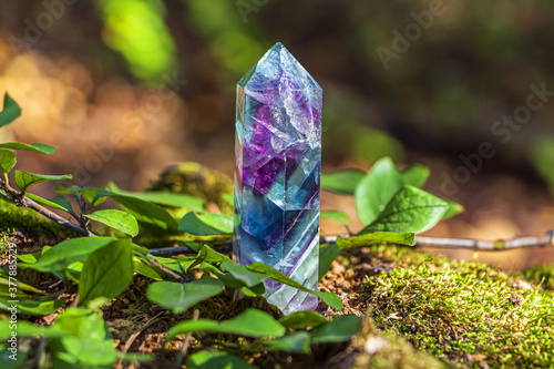 Magic still life with Gemstones fluorite crystal on nature background. Rocks for mystic ritual, witchcraft Wiccan or spiritual healing on stump in forest. Ritual for love. Meditation reiki.