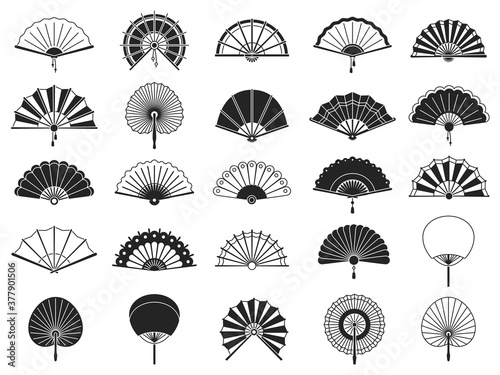 Handheld fan. Black silhouettes of chinese, japanese paper folding hand fans, traditional asian decoration and souvenir vector isolated set. Chinese fan black silhouette illustration, asian souvenir