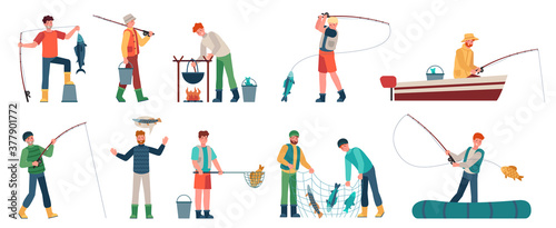 Cartoon fisherman. Fishermen in boats holding net or spinning. Fisher with fish, fishing accessory, hobby angling vacation vector characters. Fishing catch, hobby leisure activity illustration