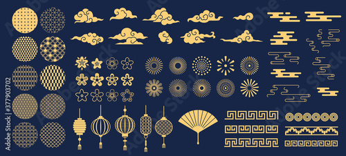 Chinese elements. Asian new year gold decorative patterns and lanterns, flowers, clouds and ornaments traditional oriental style vector set. Asian chinese oriental elements to holiday illustration