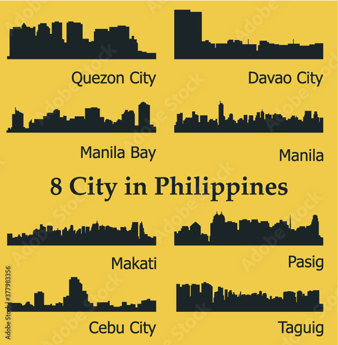 Set of 8 city silhouette in Philippines ( Quezon City, Davao City, Makati, Manila, Pasig, Taguig, Cebu, Manila Bay )