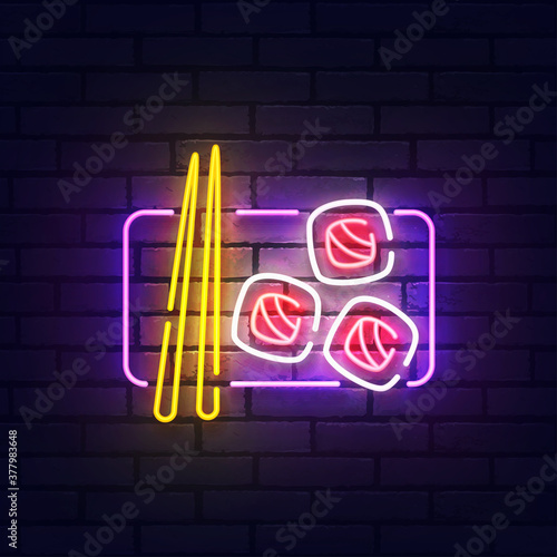 Sushi neon sign. Glowing neon light signboard of sushi bar. Sign of Japanese cuisine with colorful neon lights isolated on brick wall. Vector illustration