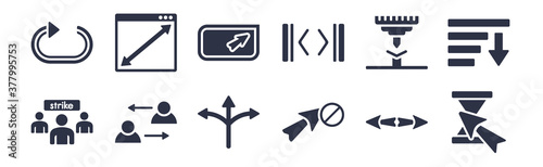 12 pack of black filled icons. glyph icons such as wait cursor, forbidden cursor, exchange personel, bending, gap, corner widget, display size for web and mobile apps, logo