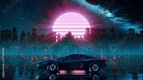 80s retro futuristic drive background with vintage car. Stylized sci-fi city landscape in outrun VJ style, night sky. Vaporwave 60 fps 3D illustration for EDM music video, DJ set, club. 4k