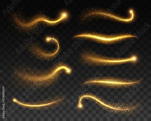 Stars with glowing golden sparkles, vector light effects on transparent background. Bright shining glitter sparks of gold stars with waves of sparkling dust trail, Christmas, magic or space themes