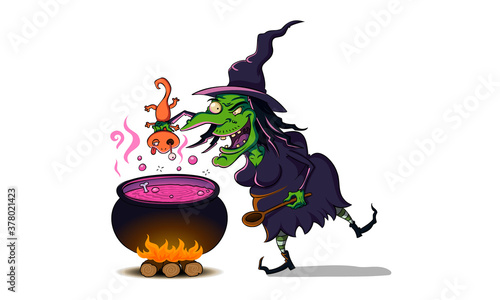 Funny Halloween witch cooking witches brew with eye of newt