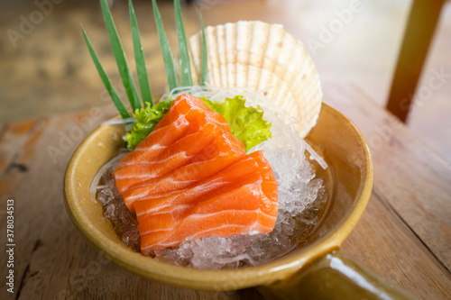 salmon sashimi Japanese style fresh serve on ice