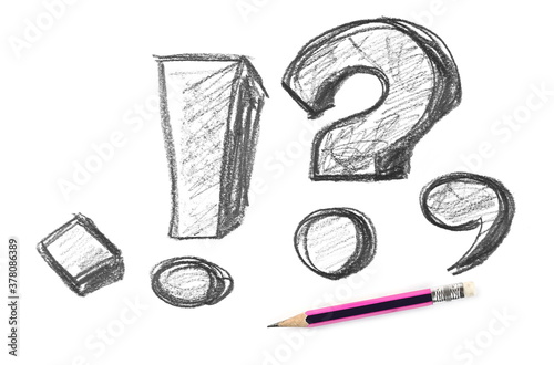 Graphite pencil with punctuation symbols hatching, sketching isolated on white background, top view